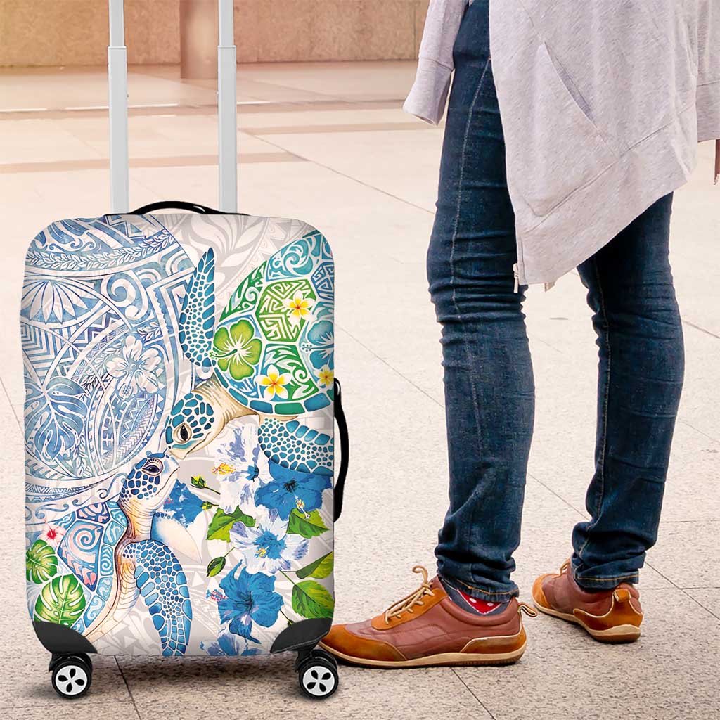 Hawaiian Couple Turtles Honi Luggage Cover Polynesian Art Motifs and Hibiscus White Blue Color - Polynesian Pride