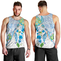 Hawaiian Couple Turtles Honi Men Tank Top Polynesian Art Motifs and Hibiscus White Blue Color - Polynesian Pride