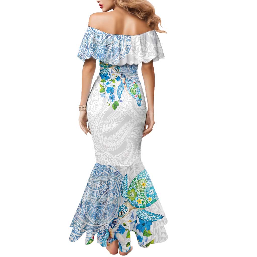 Hawaiian Couple Turtles Honi Mermaid Dress Polynesian Art Motifs and Hibiscus White Blue Color - Polynesian Pride