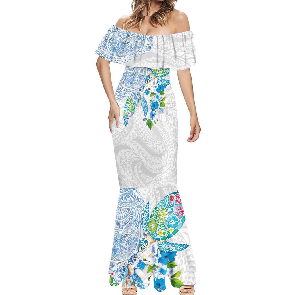 Hawaiian Couple Turtles Honi Mermaid Dress Polynesian Art Motifs and Hibiscus White Blue Color - Polynesian Pride