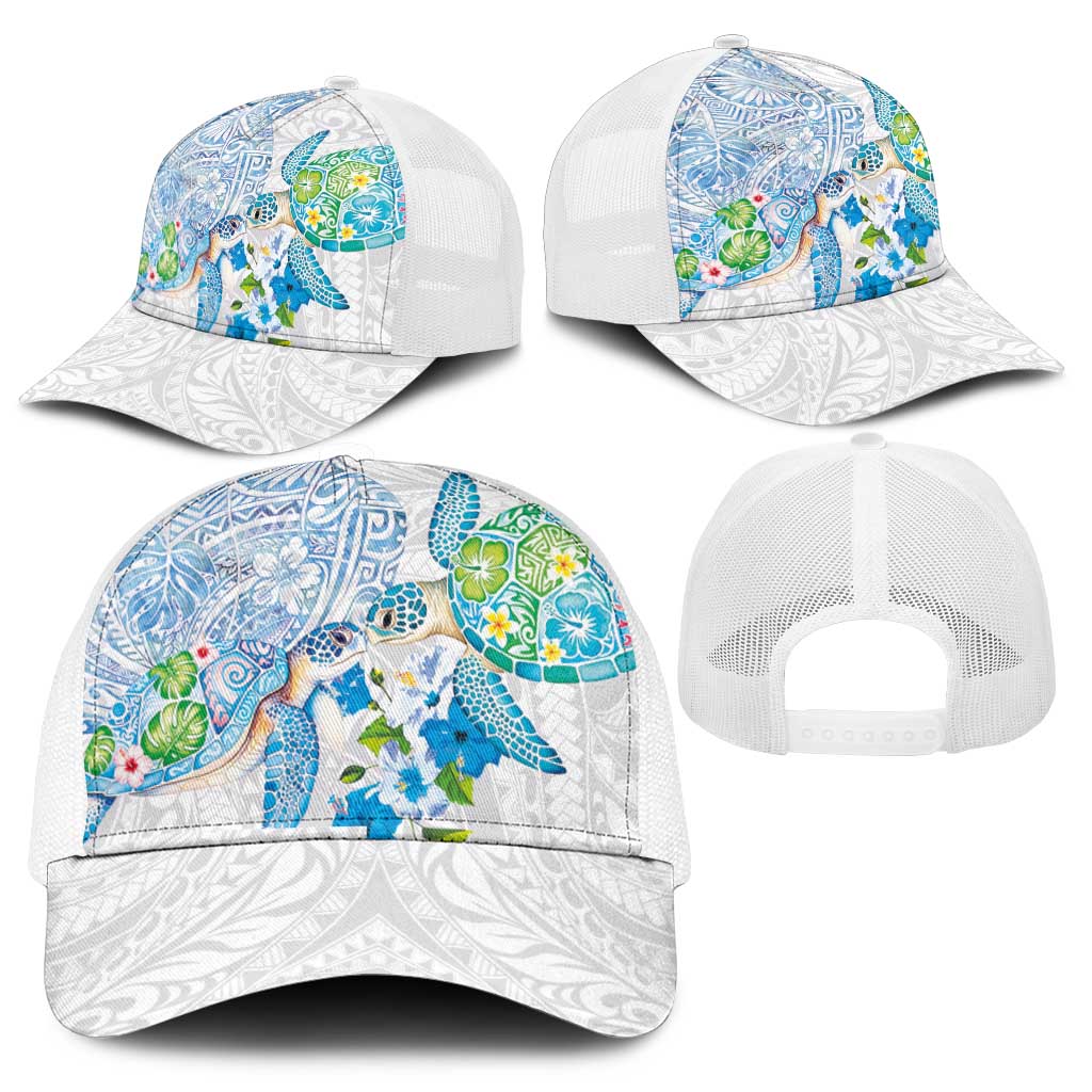 Hawaiian Couple Turtles Honi Mesh Trucker Cap Polynesian Art Motifs and Hibiscus White Blue Color - Polynesian Pride