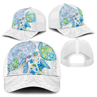 Hawaiian Couple Turtles Honi Mesh Trucker Cap Polynesian Art Motifs and Hibiscus White Blue Color - Polynesian Pride