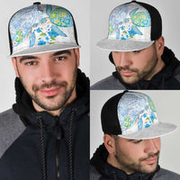 Hawaiian Couple Turtles Honi Mesh Trucker Cap Polynesian Art Motifs and Hibiscus White Blue Color - Polynesian Pride