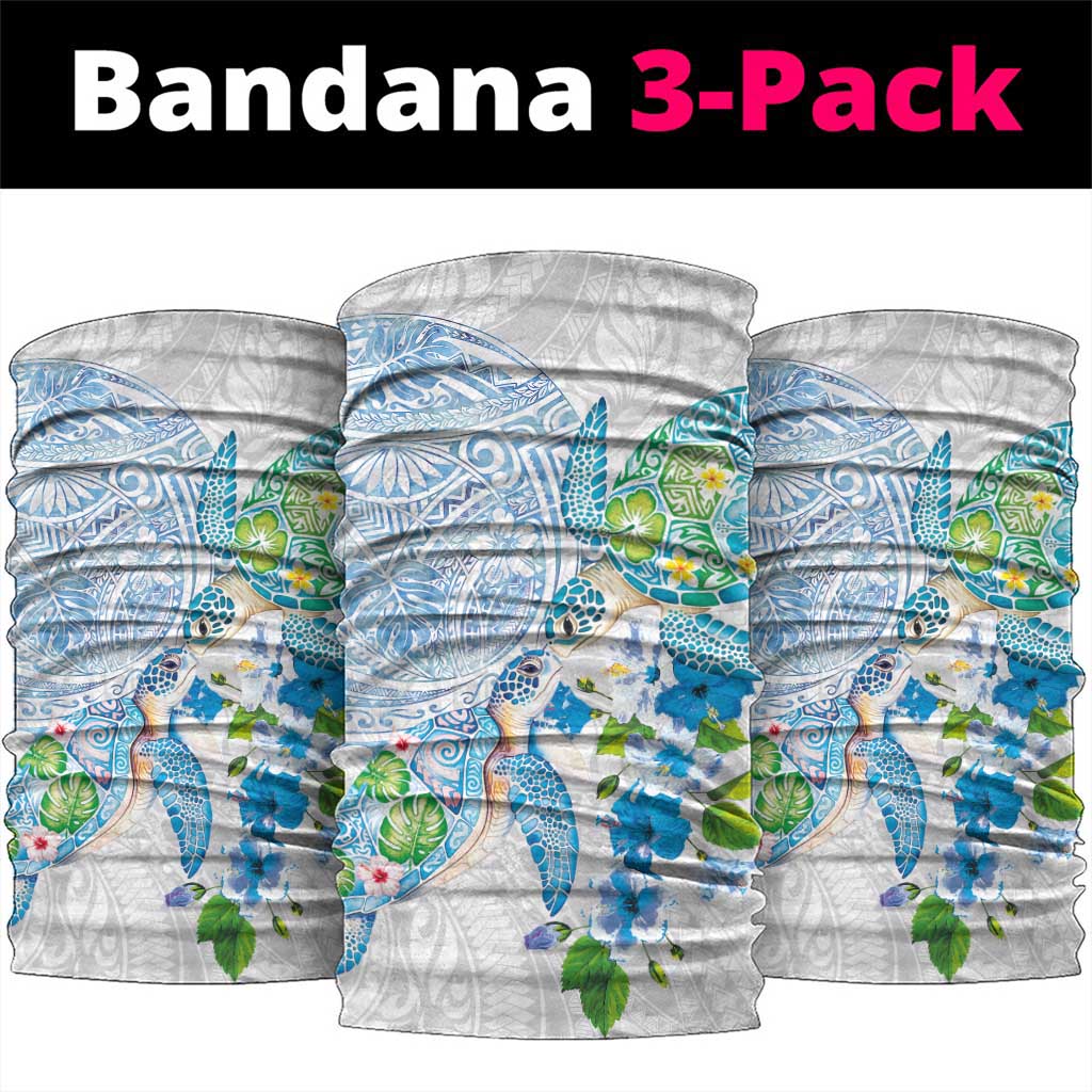 Hawaiian Couple Turtles Honi Neck Gaiter Polynesian Art Motifs and Hibiscus White Blue Color - Polynesian Pride