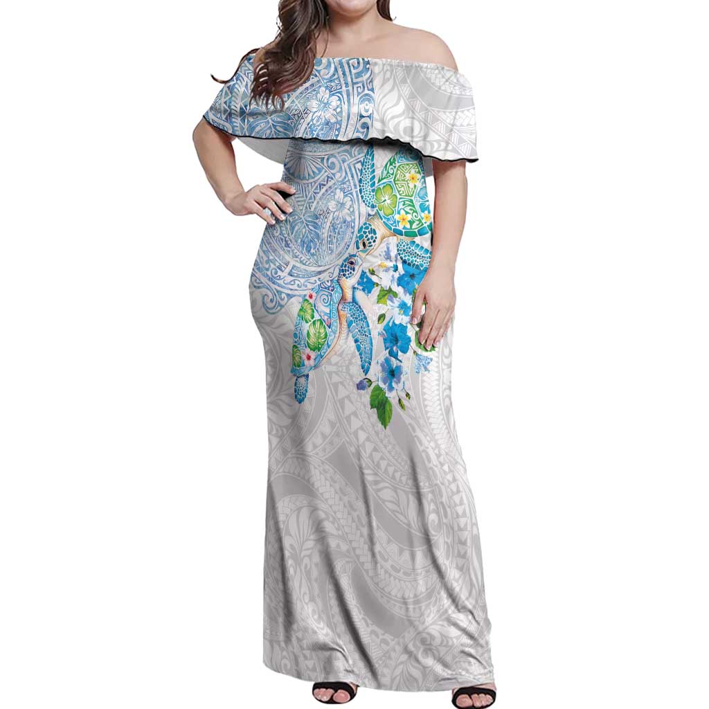 Hawaiian Couple Turtles Honi Off Shoulder Maxi Dress Polynesian Art Motifs and Hibiscus White Blue Color - Polynesian Pride
