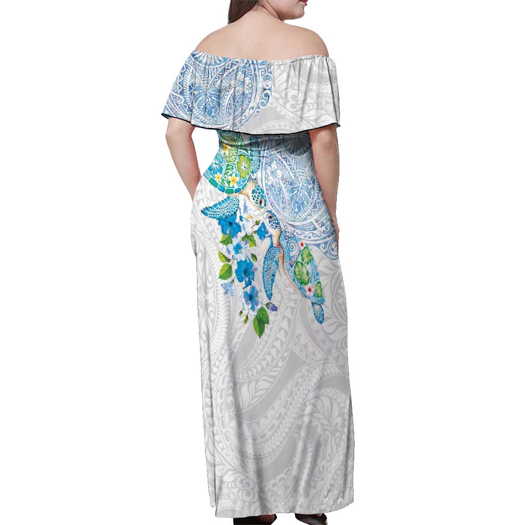 Hawaiian Couple Turtles Honi Off Shoulder Maxi Dress Polynesian Art Motifs and Hibiscus White Blue Color - Polynesian Pride