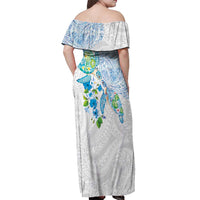 Hawaiian Couple Turtles Honi Off Shoulder Maxi Dress Polynesian Art Motifs and Hibiscus White Blue Color - Polynesian Pride