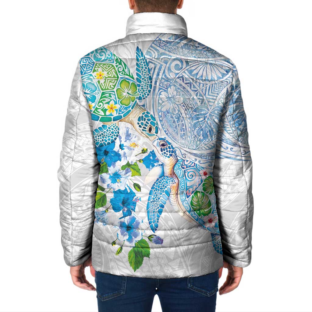 Hawaiian Couple Turtles Honi Padded Jacket Polynesian Art Motifs and Hibiscus White Blue Color - Polynesian Pride