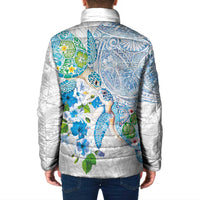 Hawaiian Couple Turtles Honi Padded Jacket Polynesian Art Motifs and Hibiscus White Blue Color - Polynesian Pride