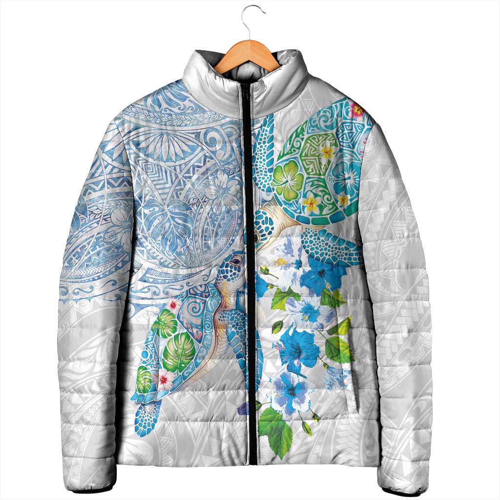 Hawaiian Couple Turtles Honi Padded Jacket Polynesian Art Motifs and Hibiscus White Blue Color - Polynesian Pride