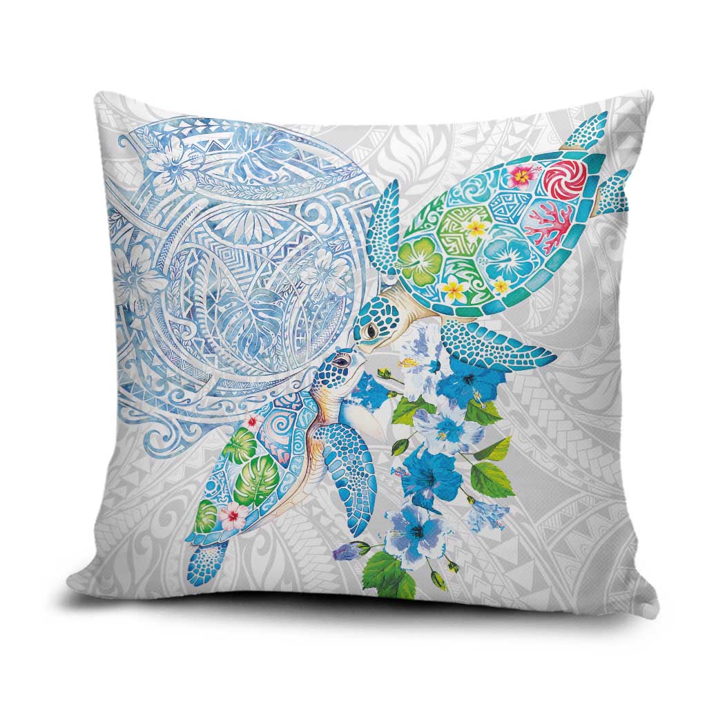 Hawaiian Couple Turtles Honi Pillow Cover Polynesian Art Motifs and Hibiscus White Blue Color - Polynesian Pride