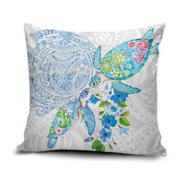 Hawaiian Couple Turtles Honi Pillow Cover Polynesian Art Motifs and Hibiscus White Blue Color - Polynesian Pride