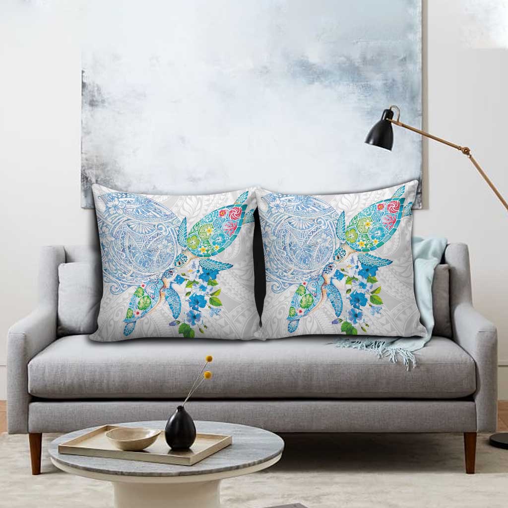 Hawaiian Couple Turtles Honi Pillow Cover Polynesian Art Motifs and Hibiscus White Blue Color - Polynesian Pride