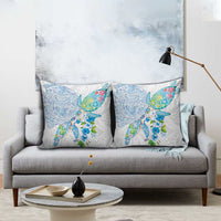 Hawaiian Couple Turtles Honi Pillow Cover Polynesian Art Motifs and Hibiscus White Blue Color - Polynesian Pride