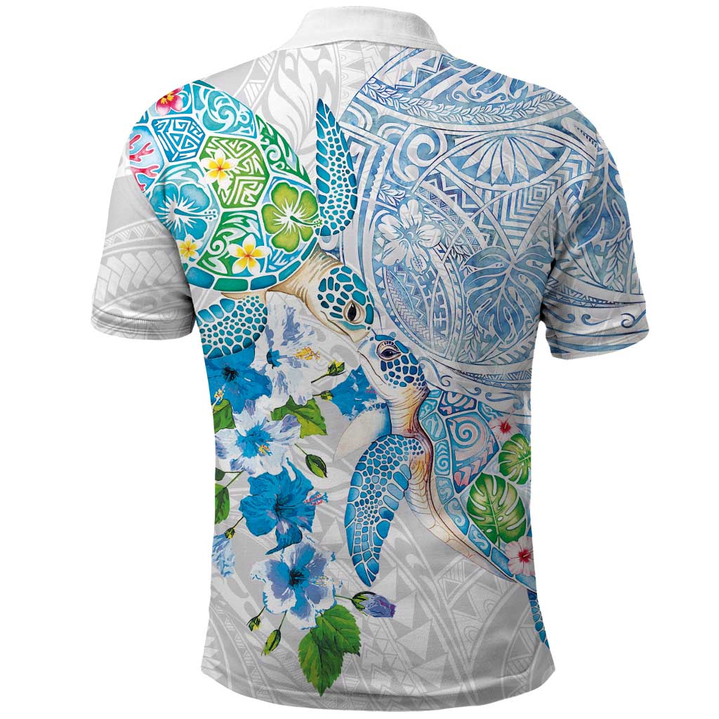 Hawaiian Couple Turtles Honi Polo Shirt Polynesian Art Motifs and Hibiscus White Blue Color - Polynesian Pride