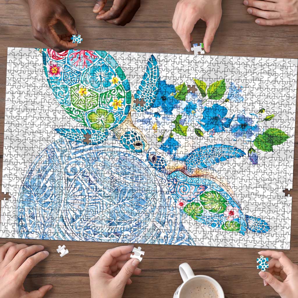 Hawaiian Couple Turtles Honi Puzzle Polynesian Art Motifs and Hibiscus White Blue Color - Polynesian Pride
