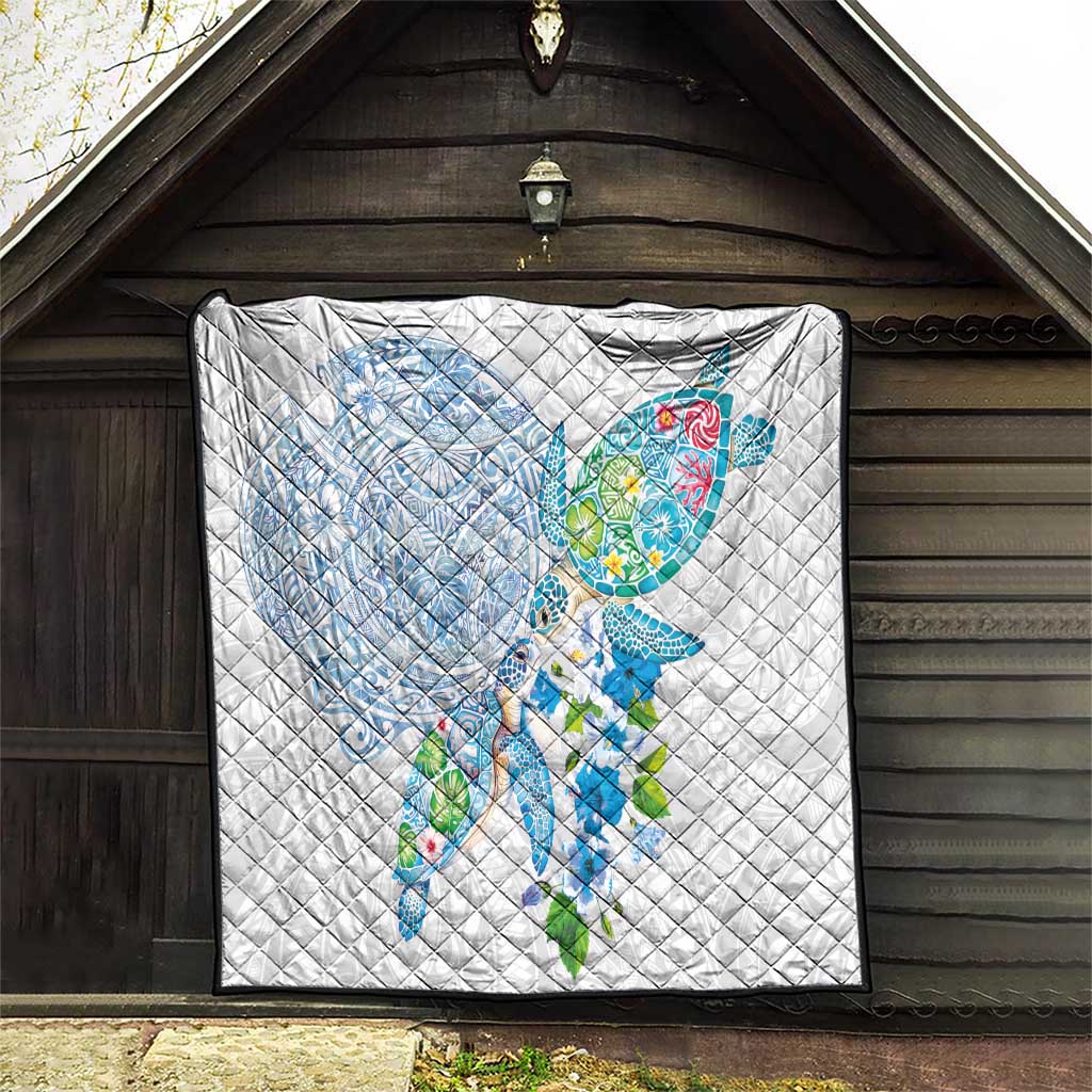 Hawaiian Couple Turtles Honi Quilt Polynesian Art Motifs and Hibiscus White Blue Color - Polynesian Pride