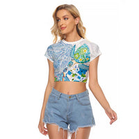 Hawaiian Couple Turtles Honi Raglan Cropped T Shirt Polynesian Art Motifs and Hibiscus White Blue Color - Polynesian Pride