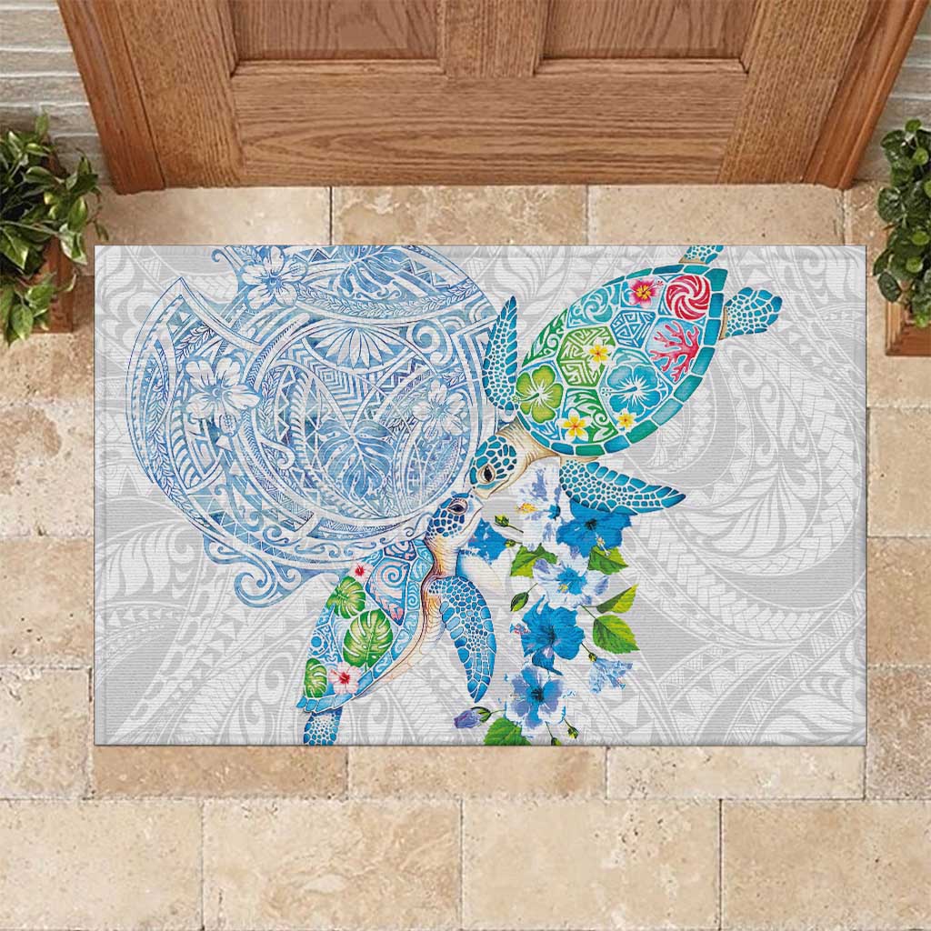 Hawaiian Couple Turtles Honi Rubber Doormat Polynesian Art Motifs and Hibiscus White Blue Color - Polynesian Pride