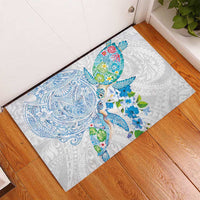 Hawaiian Couple Turtles Honi Rubber Doormat Polynesian Art Motifs and Hibiscus White Blue Color - Polynesian Pride