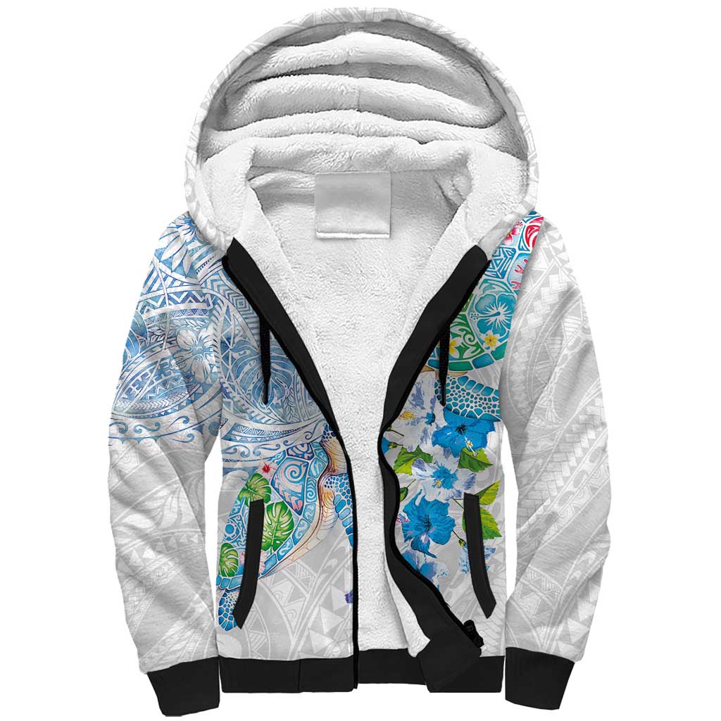 Hawaiian Couple Turtles Honi Sherpa Hoodie Polynesian Art Motifs and Hibiscus White Blue Color - Polynesian Pride
