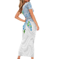 Hawaiian Couple Turtles Honi Short Sleeve Bodycon Dress Polynesian Art Motifs and Hibiscus White Blue Color - Polynesian Pride