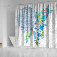 Hawaiian Couple Turtles Honi Shower Curtain Polynesian Art Motifs and Hibiscus White Blue Color - Polynesian Pride