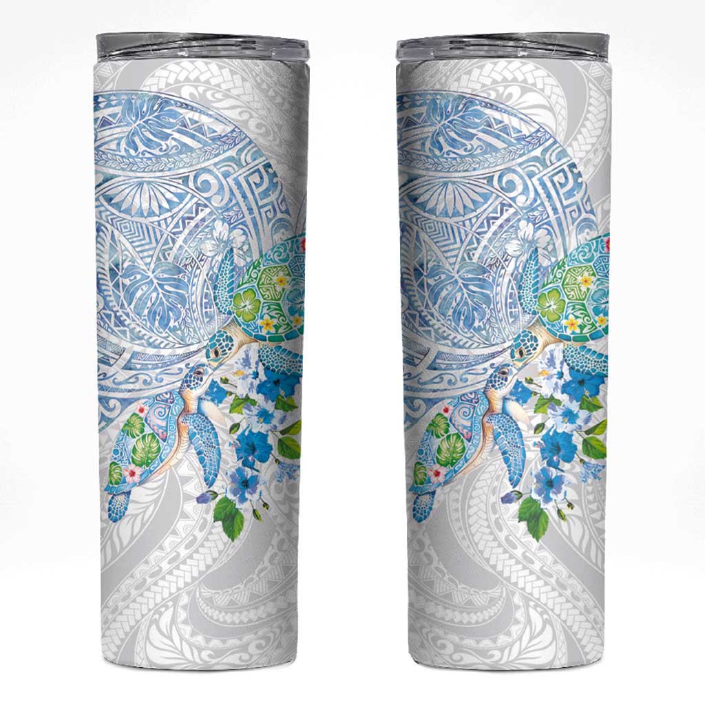 Hawaiian Couple Turtles Honi Skinny Tumbler Polynesian Art Motifs and Hibiscus White Blue Color - Polynesian Pride