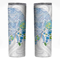 Hawaiian Couple Turtles Honi Skinny Tumbler Polynesian Art Motifs and Hibiscus White Blue Color - Polynesian Pride