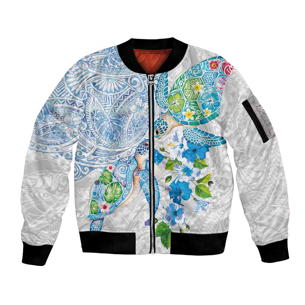 Hawaiian Couple Turtles Honi Sleeve Zip Bomber Jacket Polynesian Art Motifs and Hibiscus White Blue Color - Polynesian Pride