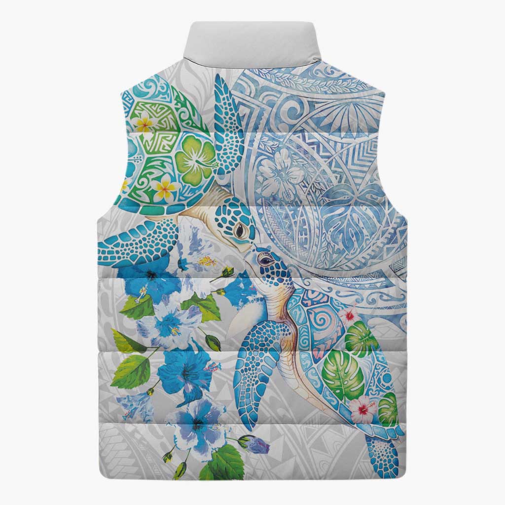 Hawaiian Couple Turtles Honi Sleeveless Puffer Jacket Polynesian Art Motifs and Hibiscus White Blue Color - Polynesian Pride