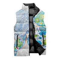 Hawaiian Couple Turtles Honi Sleeveless Puffer Jacket Polynesian Art Motifs and Hibiscus White Blue Color - Polynesian Pride