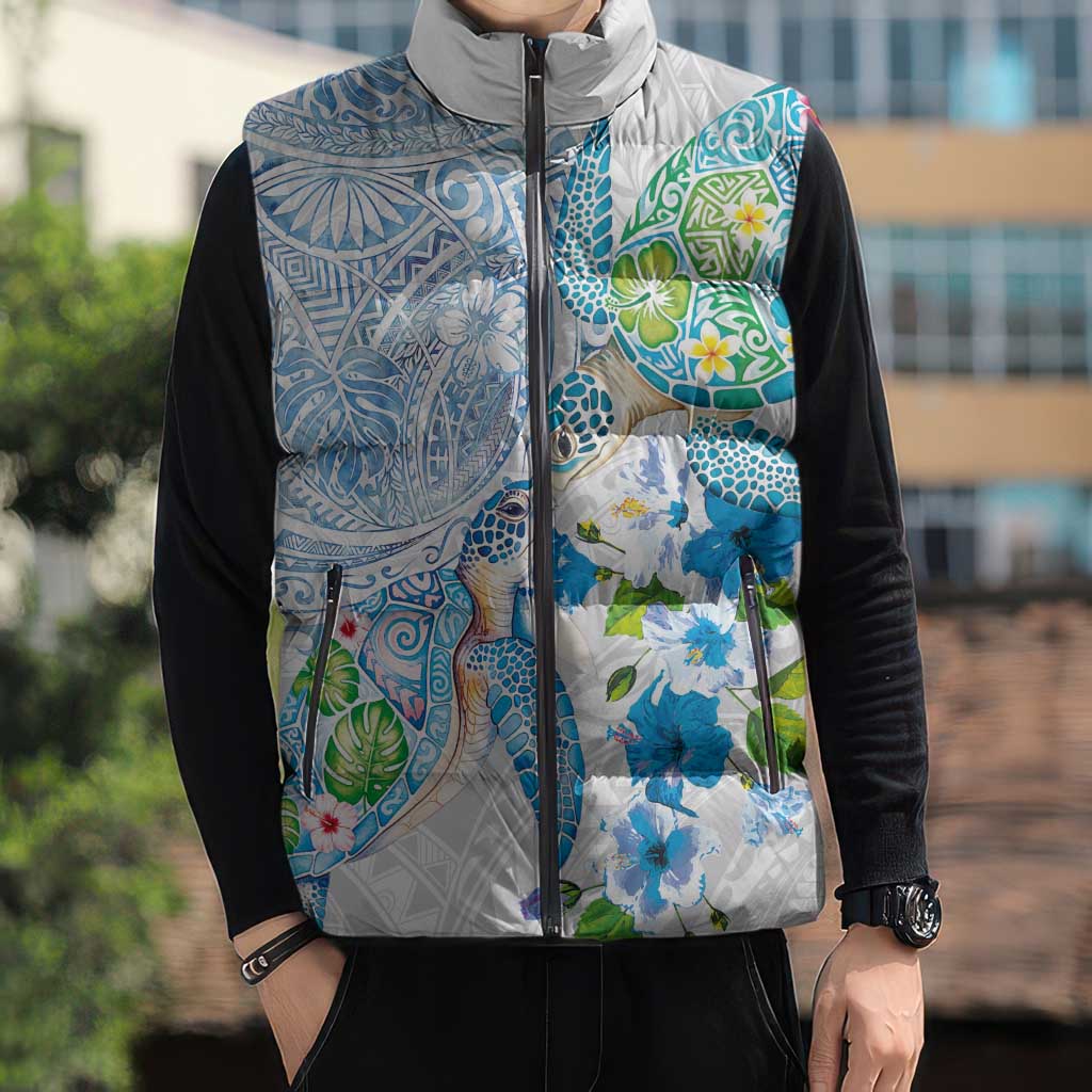 Hawaiian Couple Turtles Honi Sleeveless Puffer Jacket Polynesian Art Motifs and Hibiscus White Blue Color - Polynesian Pride