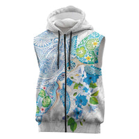 Hawaiian Couple Turtles Honi Sleeveless Zip Hoodie Polynesian Art Motifs and Hibiscus White Blue Color - Polynesian Pride