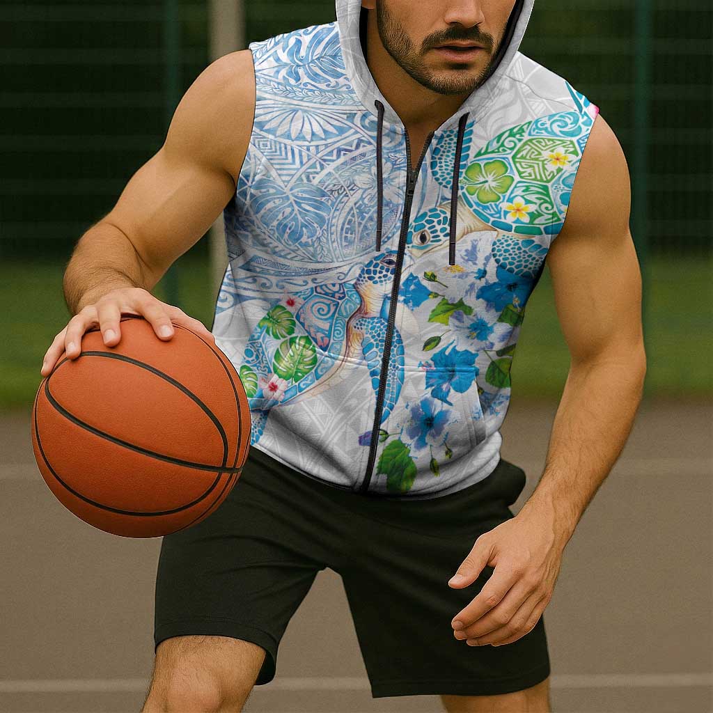 Hawaiian Couple Turtles Honi Sleeveless Zip Hoodie Polynesian Art Motifs and Hibiscus White Blue Color - Polynesian Pride
