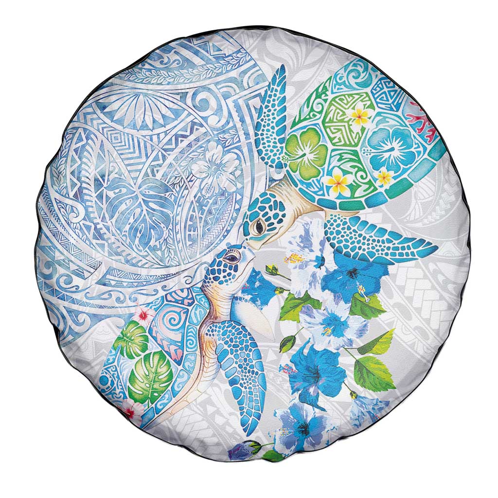 Hawaiian Couple Turtles Honi Spare Tire Cover Polynesian Art Motifs and Hibiscus White Blue Color - Polynesian Pride