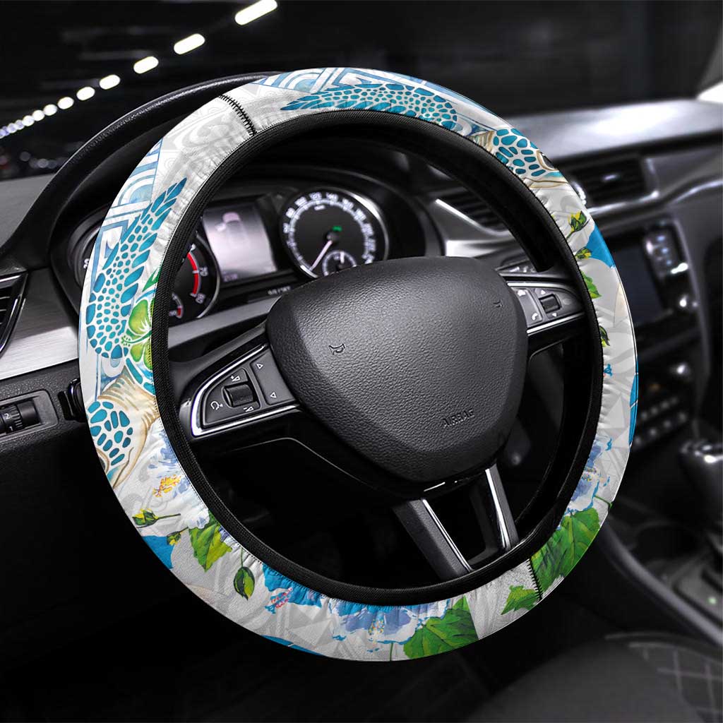 Hawaiian Couple Turtles Honi Steering Wheel Cover Polynesian Art Motifs and Hibiscus White Blue Color - Polynesian Pride