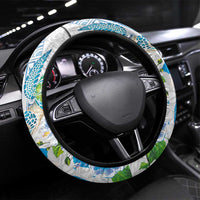 Hawaiian Couple Turtles Honi Steering Wheel Cover Polynesian Art Motifs and Hibiscus White Blue Color - Polynesian Pride