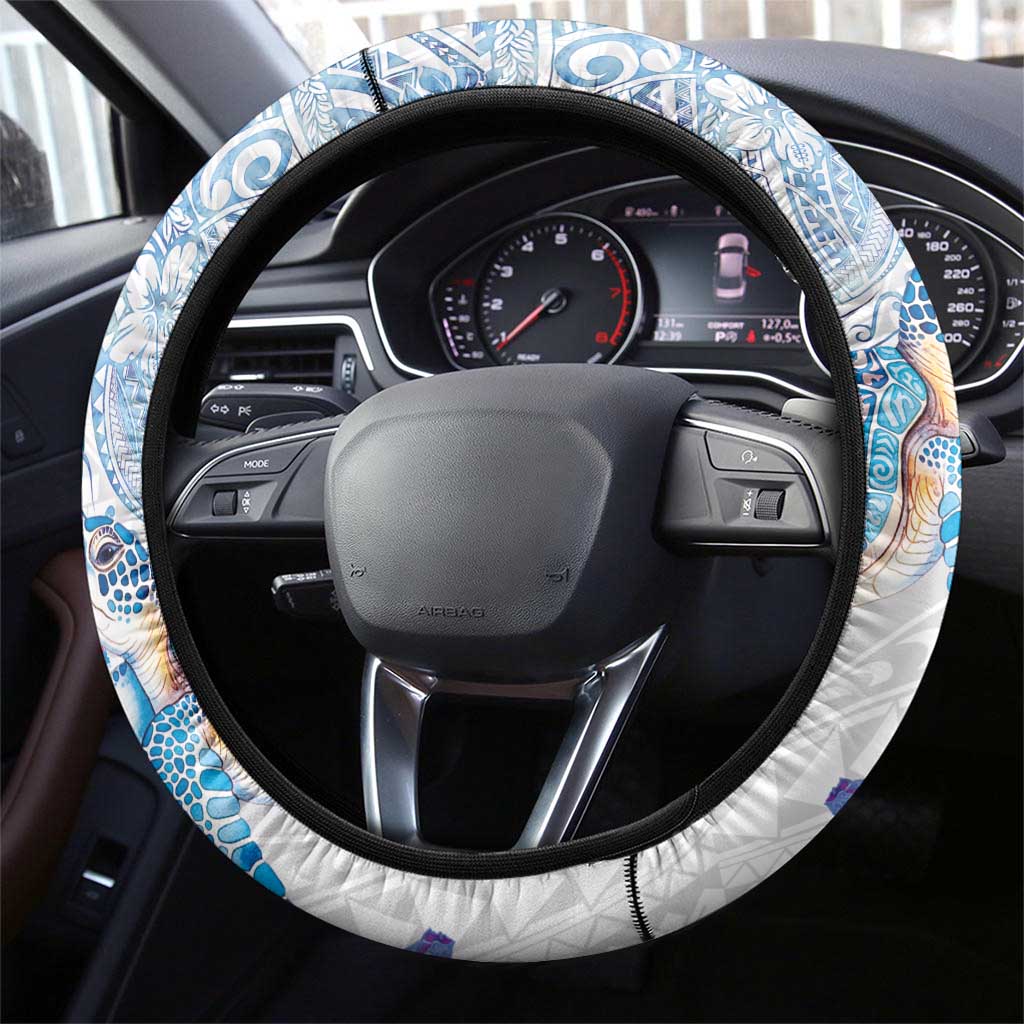 Hawaiian Couple Turtles Honi Steering Wheel Cover Polynesian Art Motifs and Hibiscus White Blue Color - Polynesian Pride