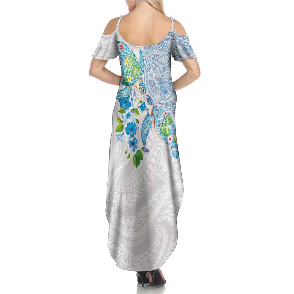Hawaiian Couple Turtles Honi Summer Maxi Dress Polynesian Art Motifs and Hibiscus White Blue Color - Polynesian Pride