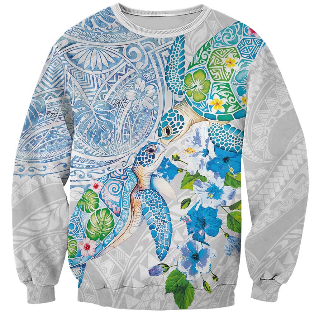 Hawaiian Couple Turtles Honi Sweatshirt Polynesian Art Motifs and Hibiscus White Blue Color - Polynesian Pride