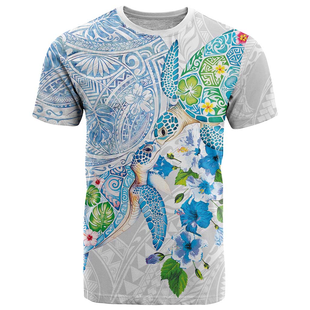 Hawaiian Couple Turtles Honi T Shirt Polynesian Art Motifs and Hibiscus White Blue Color - Polynesian Pride