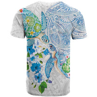 Hawaiian Couple Turtles Honi T Shirt Polynesian Art Motifs and Hibiscus White Blue Color - Polynesian Pride
