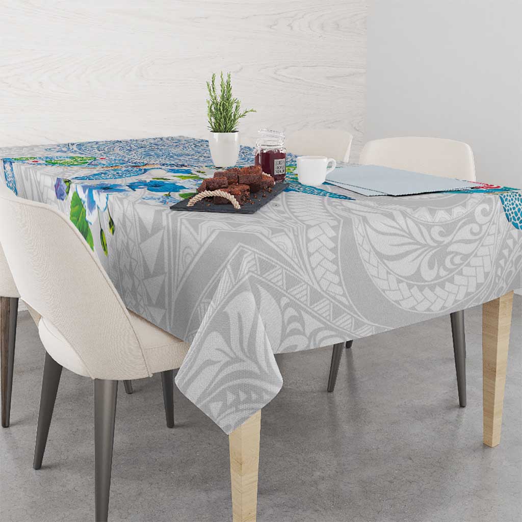 Hawaiian Couple Turtles Honi Tablecloth Polynesian Art Motifs and Hibiscus White Blue Color - Polynesian Pride