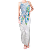 Hawaiian Couple Turtles Honi Tank Maxi Dress Polynesian Art Motifs and Hibiscus White Blue Color - Polynesian Pride