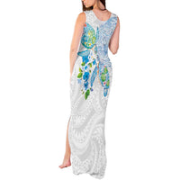 Hawaiian Couple Turtles Honi Tank Maxi Dress Polynesian Art Motifs and Hibiscus White Blue Color - Polynesian Pride