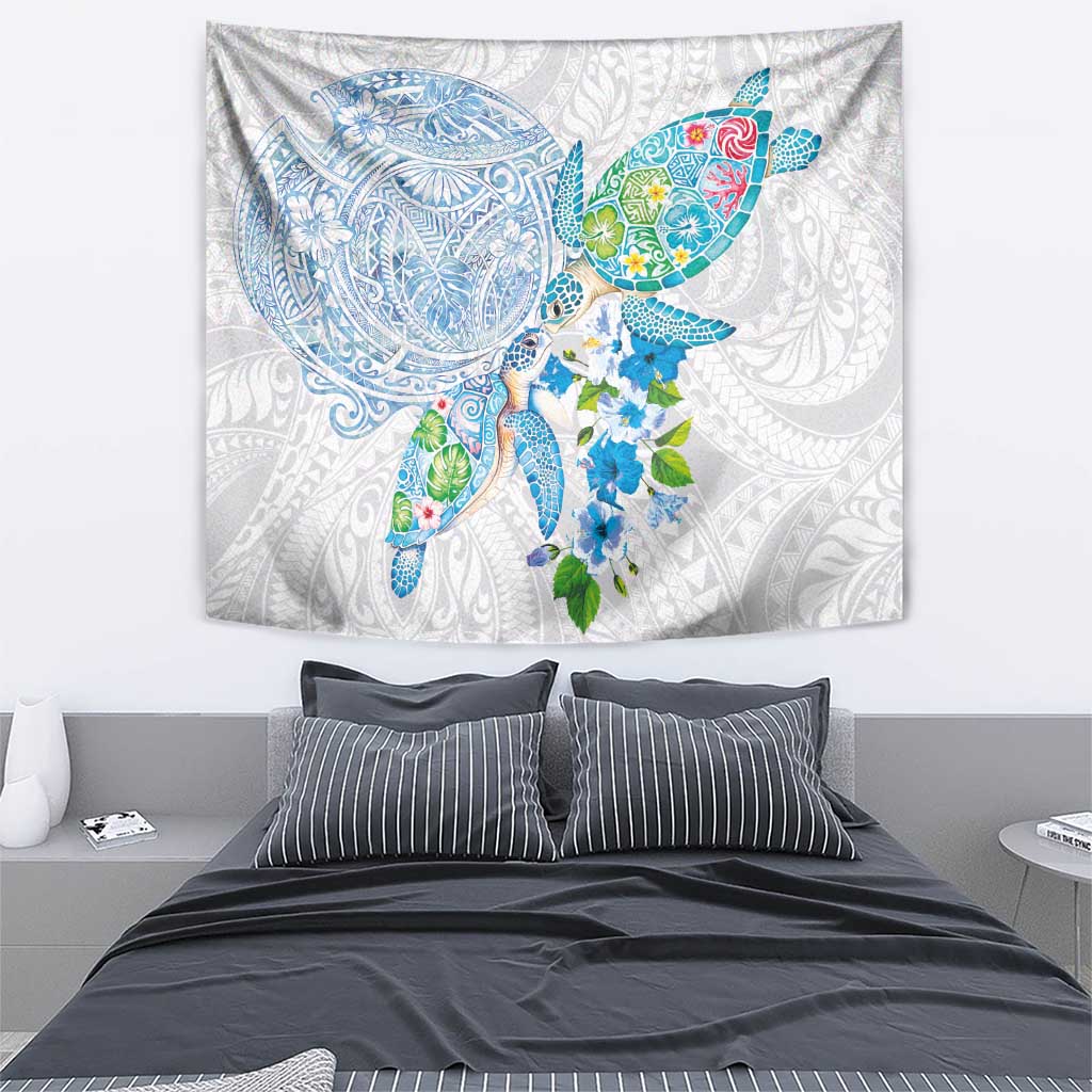 Hawaiian Couple Turtles Honi Tapestry Polynesian Art Motifs and Hibiscus White Blue Color - Polynesian Pride