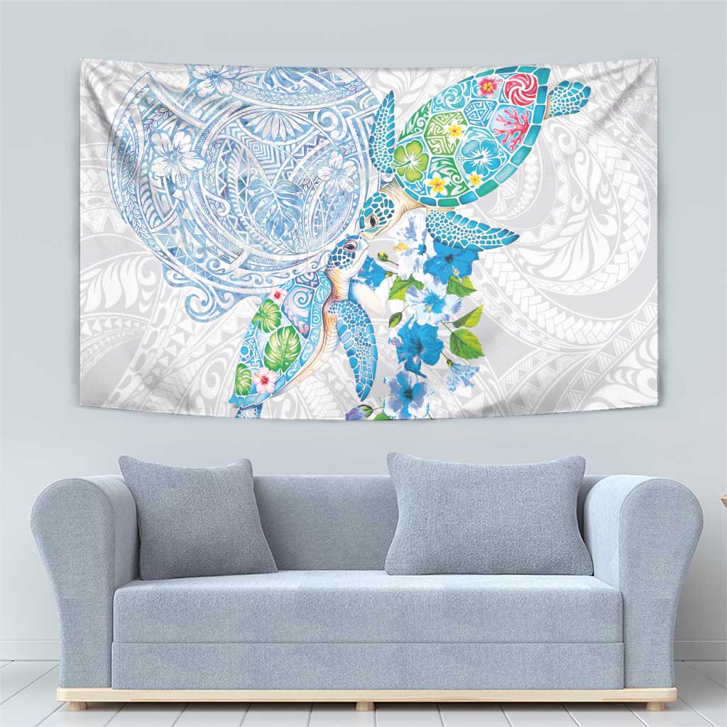 Hawaiian Couple Turtles Honi Tapestry Polynesian Art Motifs and Hibiscus White Blue Color - Polynesian Pride
