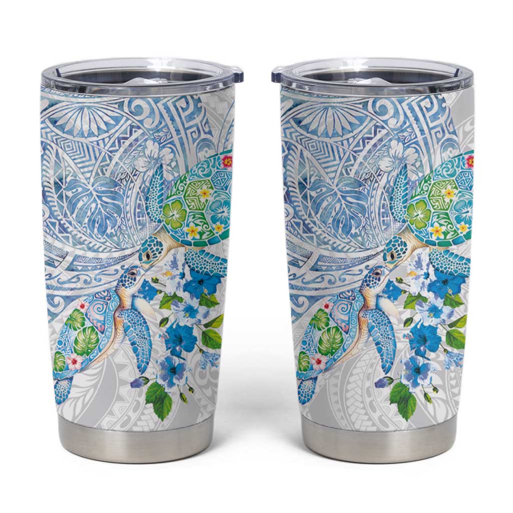 Hawaiian Couple Turtles Honi Tumbler Cup Polynesian Art Motifs and Hibiscus White Blue Color - Polynesian Pride
