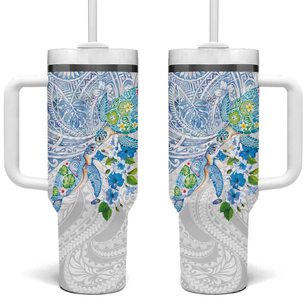 Hawaiian Couple Turtles Honi Tumbler With Handle Polynesian Art Motifs and Hibiscus White Blue Color - Polynesian Pride